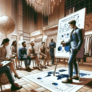Imprenditore del Fashion con molti punti vendita illustra ed analizza i dati di Etos BI davanti ai commessi e traccia le strategie di vendita per il nuovo anno 2024